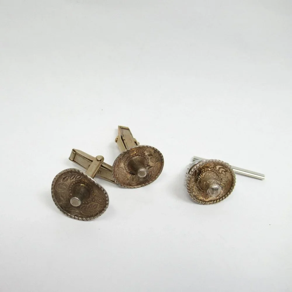 Vintage Sterling Sombrero Cuff Links snd tie tack
